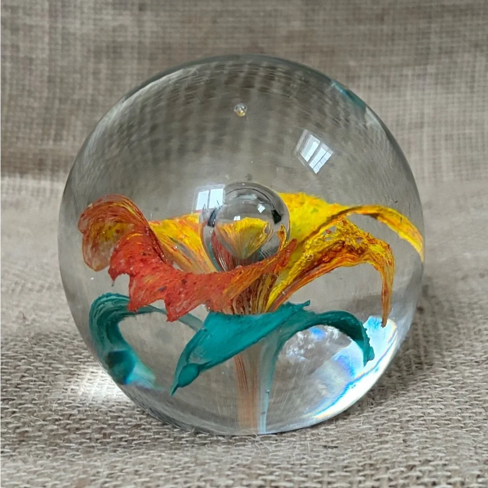 Vintage Orange Flower Art Glass Paperweight Round Dome Tropical Beach Boho